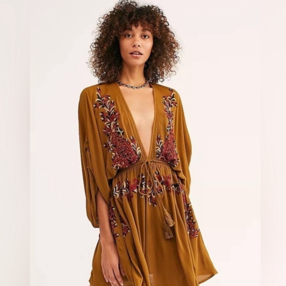 Free People Pretty Pineapple Embroidered Mini Dress Mustard XS